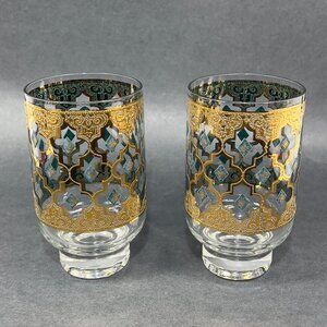 Vtg Culver Seville Highball Footed Glassware 22k Gold Blue Diamond Barware 14 oz